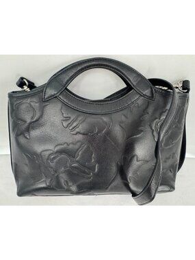 Vintage 90s Y2K Black Tooled Embossed Luxury Leather Handbag Purse 2 Way Bag